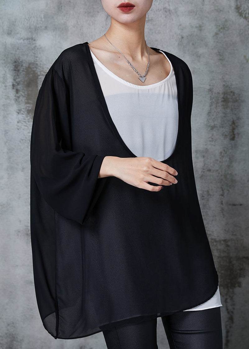 Black Oversized Patchwork Chiffon Sweatshirts Top Summer