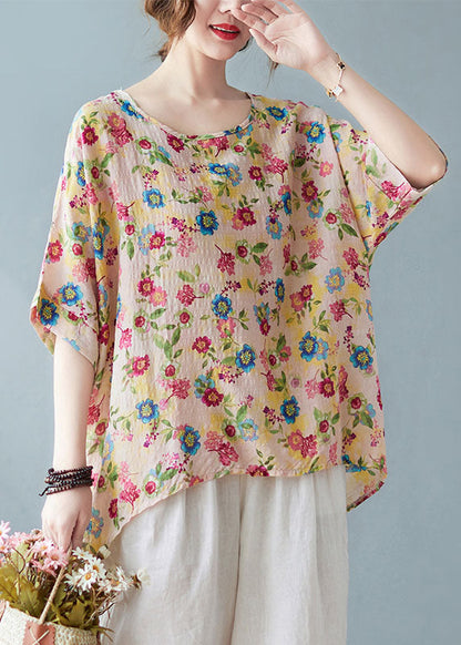 Diy Light Yellow O-neck Oversized Print Cotton Tanks Short Sleeve