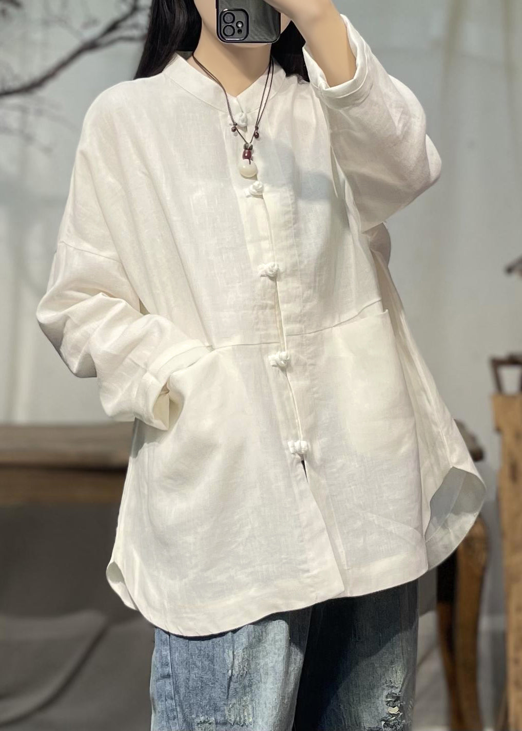White Stand Collar Pockets Patchwork Linen Shirts Spring