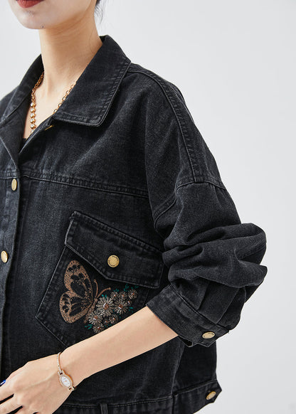 Boutique Black Embroideried Letter Butterfly Denim Jacket Spring