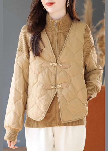 Fitted Khaki Zip Up Patchwork Knit Sets 2 Pieces Winter