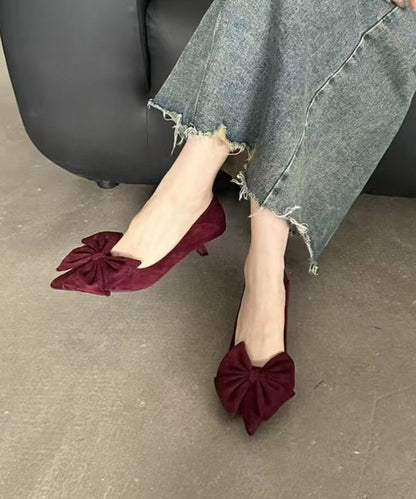 Mulberry Kitten Heels Suede Splicing Bow Pointed Toe