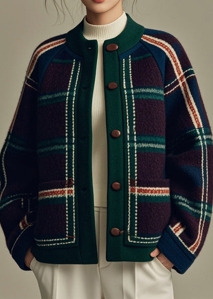 Green Plaid Button Patchwork Woolen Coats Winter