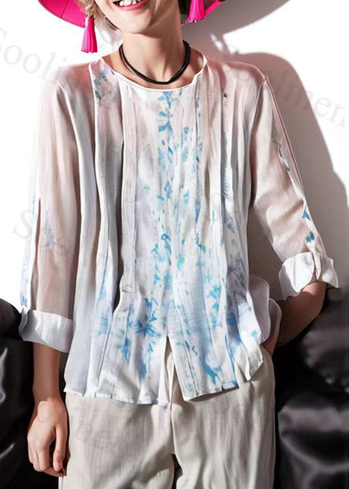 Classy Blue Print Cozy Cotton Blouses Long Sleeve