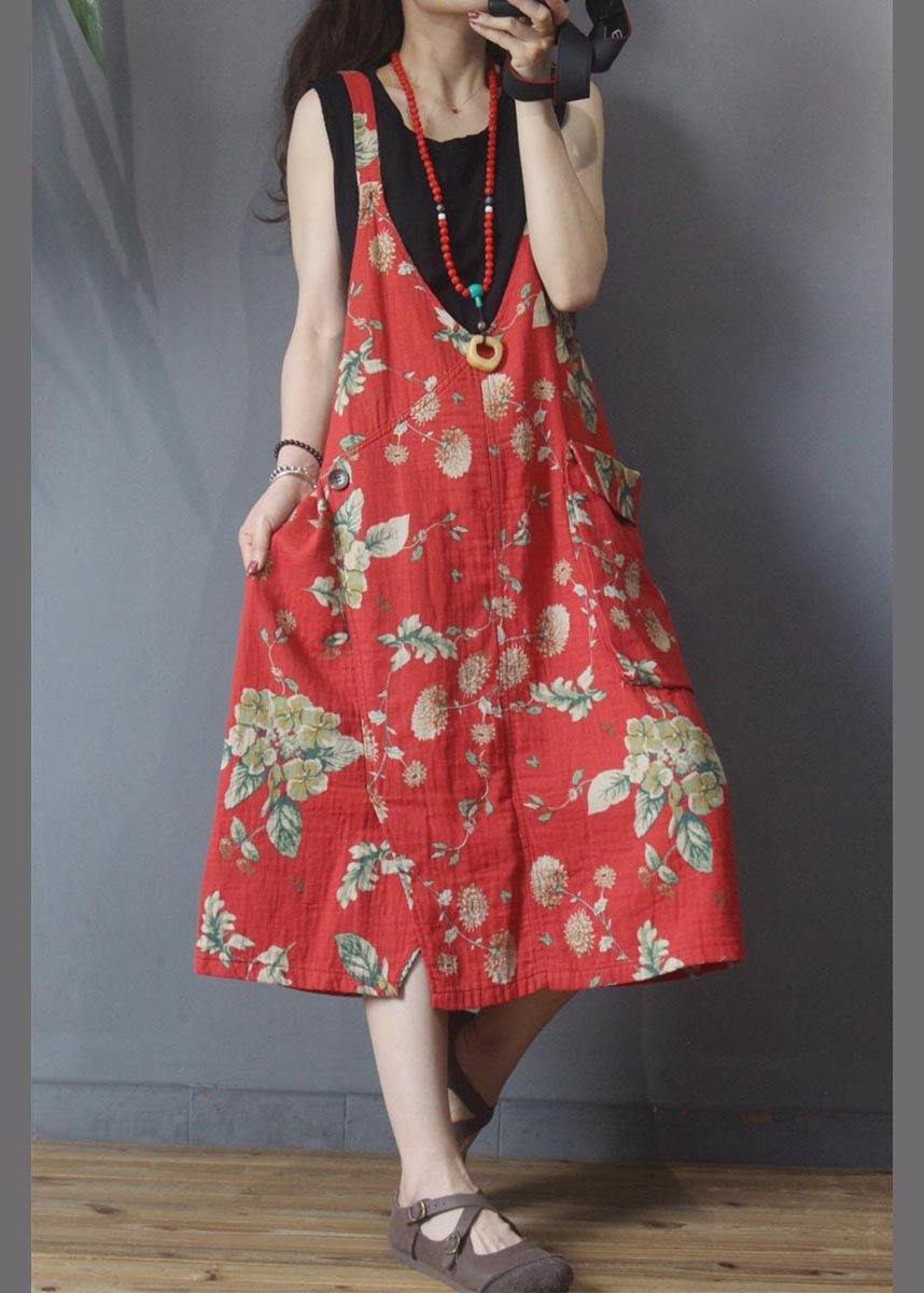 Natural Red Print Pockets Carpenter Maxi Dress Summer Cotton Linen