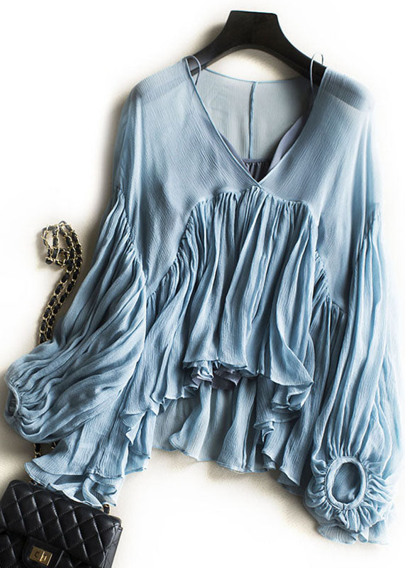 Blue Wrinkled Chiffon Shirt and Spaghetti Strap Two Pieces Set Lantern Sleeve