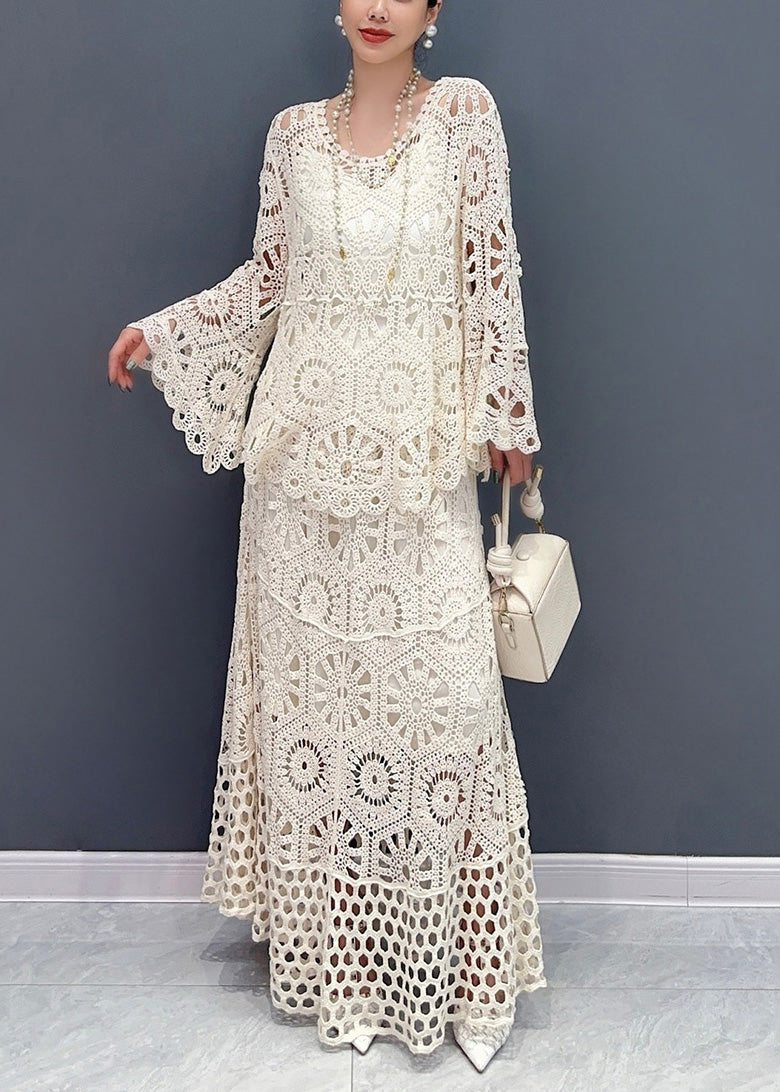 White Hollow Out Knit Two Piece Set Outfits Summer
