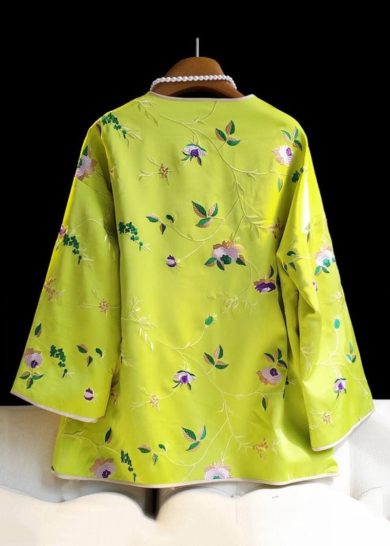 New Yellow Print Button Silk Top Long Sleeve