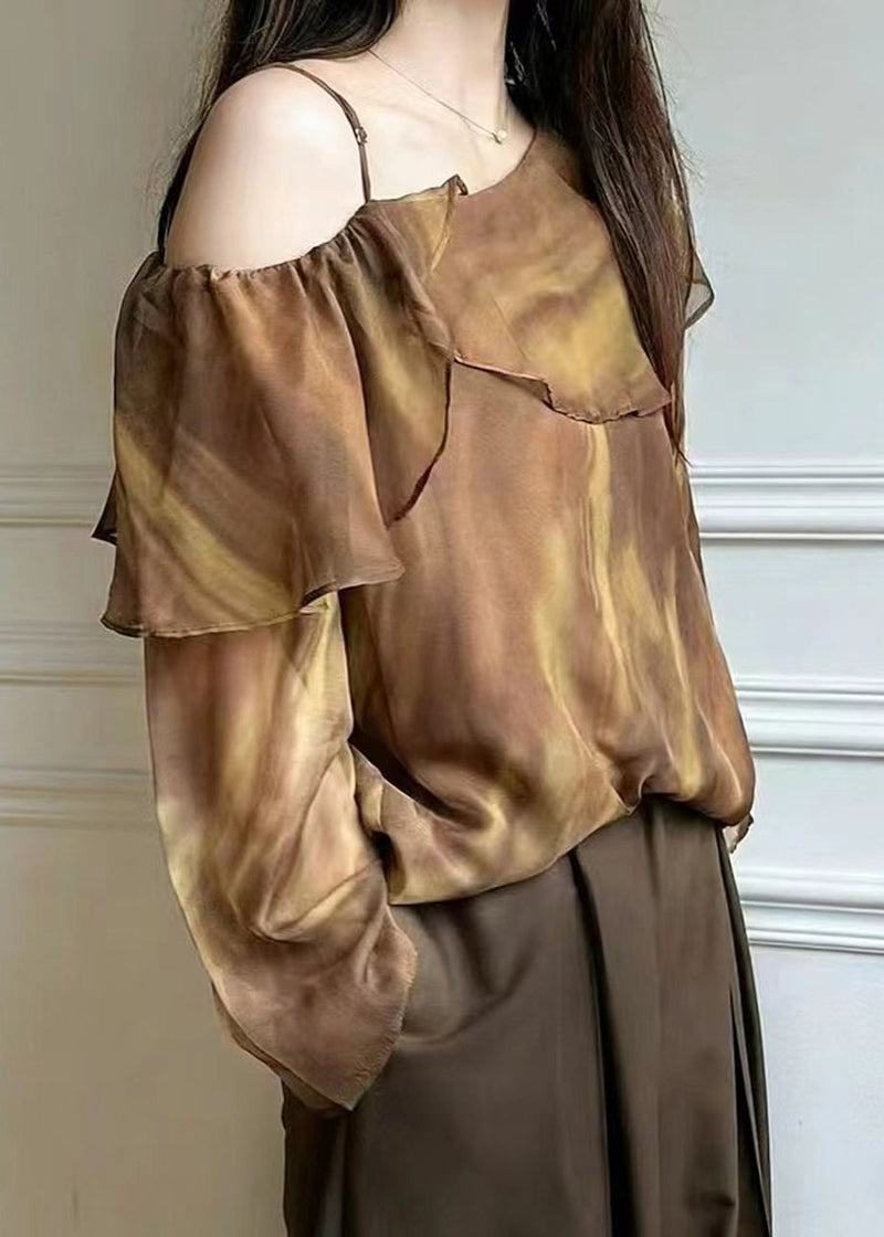 Brown One Shoulder Tie Dye Chiffon Blouse Top Spring