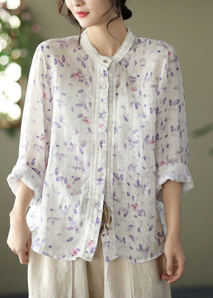 White Lace Patchwork Print Ramie Blouses Long Sleeve