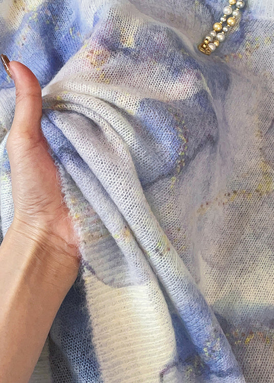 Blue O Neck Tie Dye Knit Sweater Fall