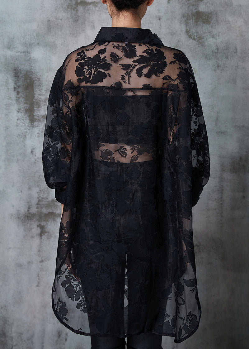 Black Oversized Jacquard Tulle Upf 50+ Shirt Summer