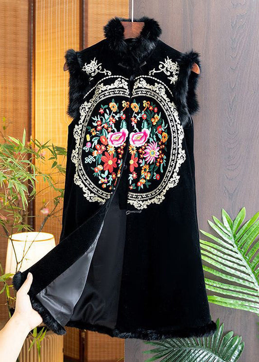 Black Fur Collar Embroideried Patchwork Silk Velour Waistcoat Sleeveless