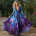Women's Vintage Purple Rose Art Pattern Gradient Long Sleeve Dress artswardrobe