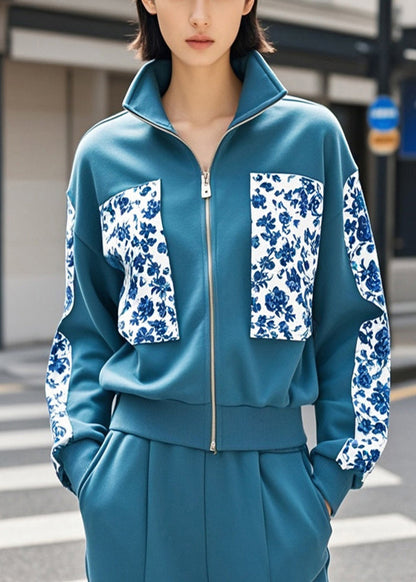 Navy Print Patchwork Cotton Jacket Fall