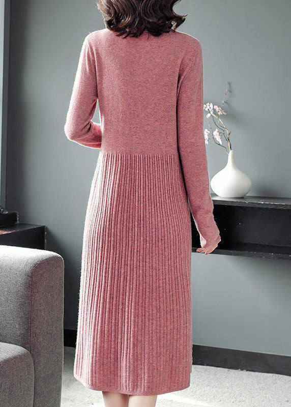 Modern Green Color Peter Pan Collar Wrinkled Knit Sweater Dress Long Sleeve