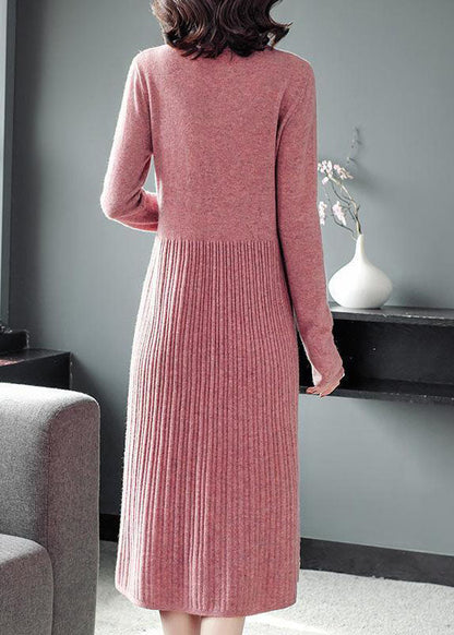 Modern Green Color Peter Pan Collar Wrinkled Knit Sweater Dress Long Sleeve