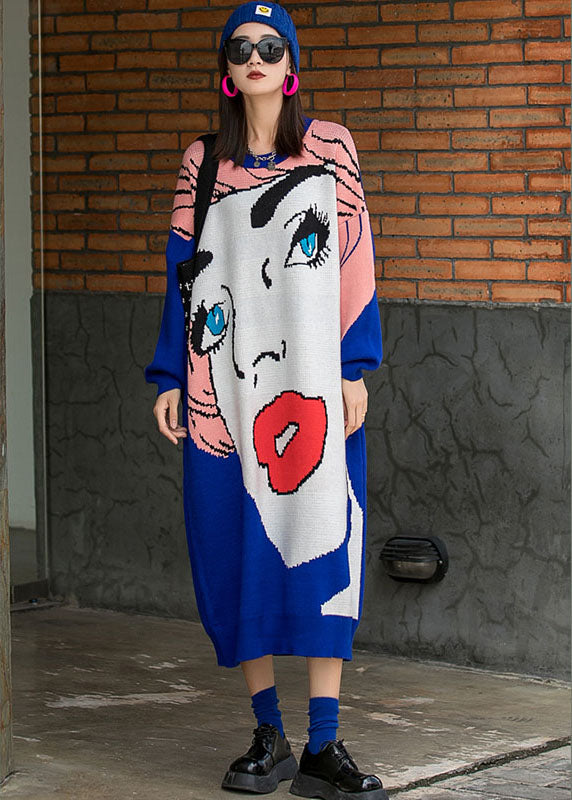 French Blue O-neck Loose Fall Knit Long Dresses Long Sleeve