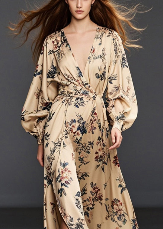Khaki Print Side Open Chiffon Long Dress Fall