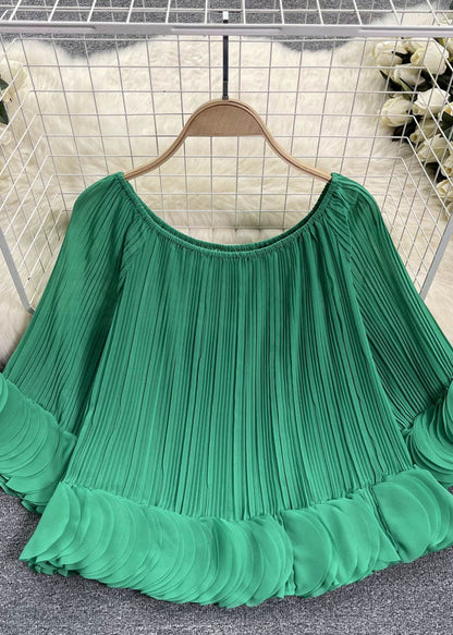 Green Slash Neck Patchwork Chiffon Shirt Tops Summer