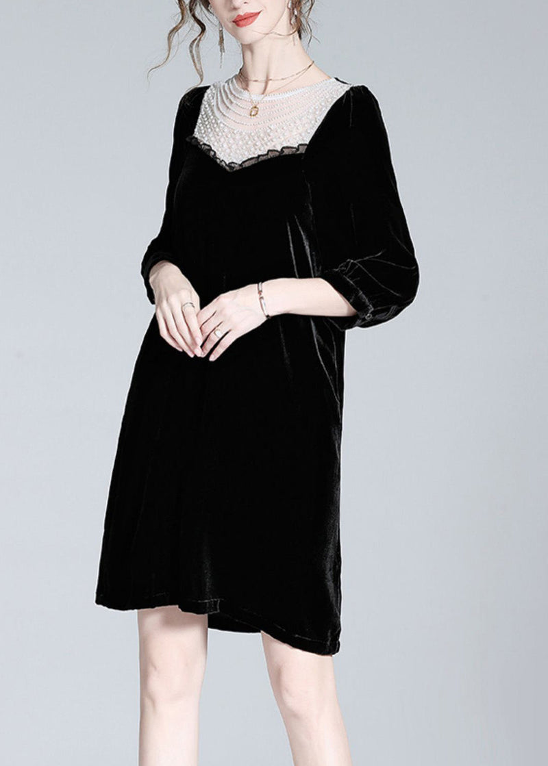 Fine Black O-neck Lace Patchwork Velour Mid Dress Spring