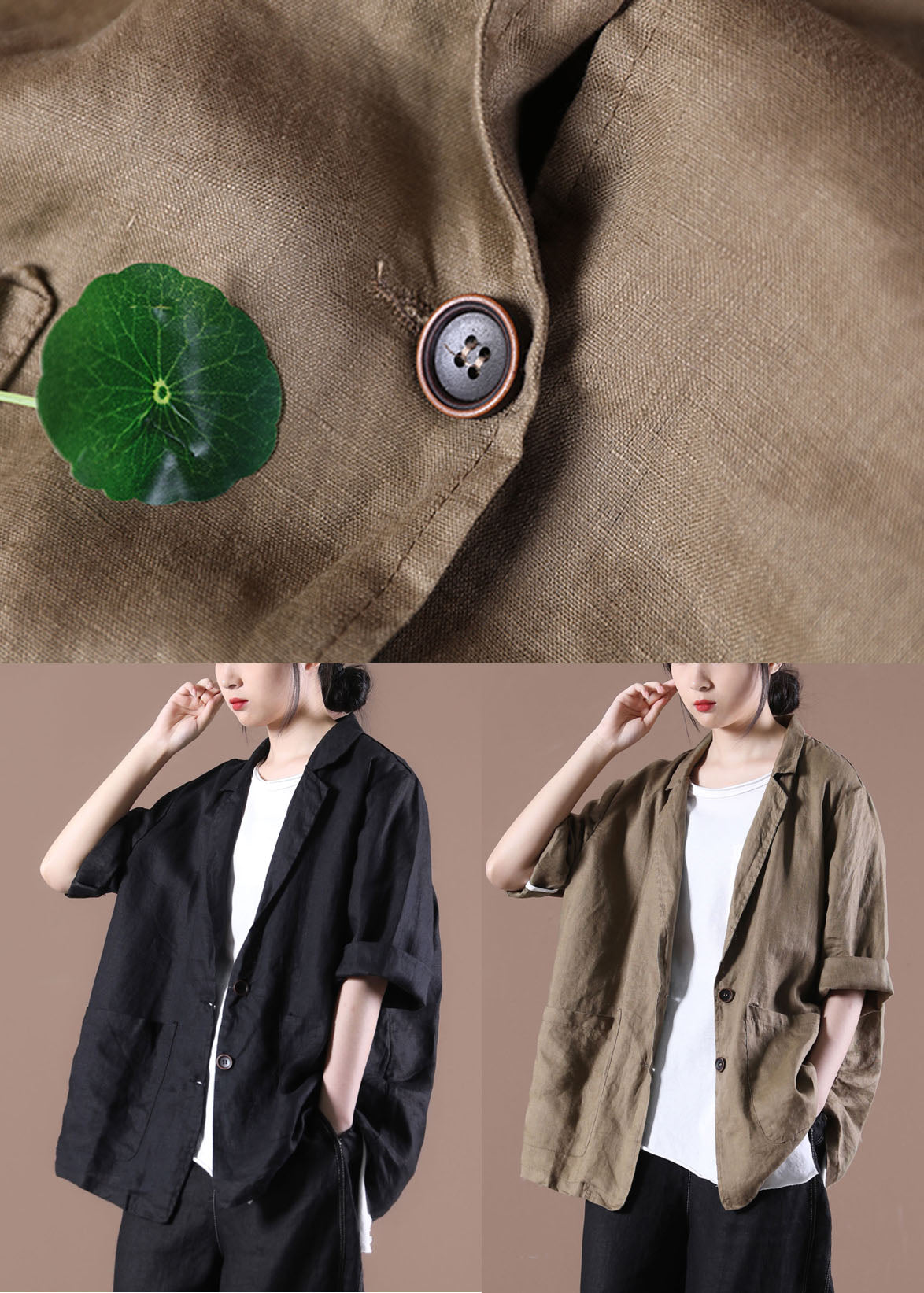 Black Pockets Linen Coat Peter Pan Collar Button Long Sleeve