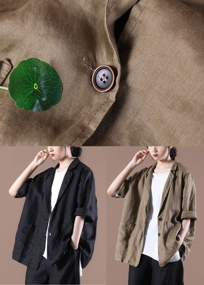 Dark Brown Notched Collar Pockets Linen Coat Long Sleeve