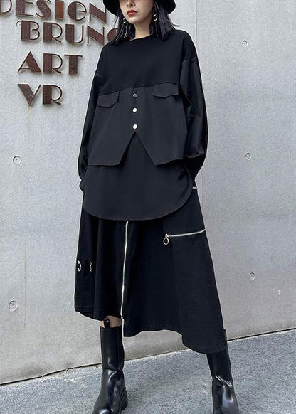 Unique Black Button Cotton Long Sleeve Spring Blouses