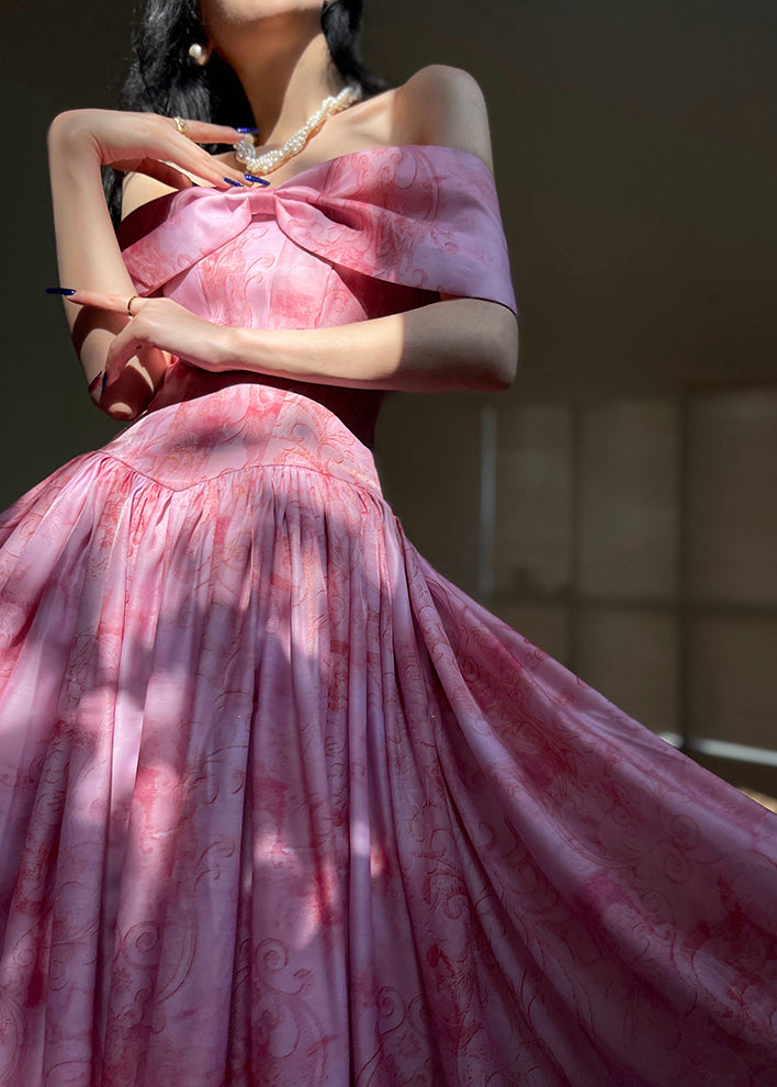Pink Slash Neck Wrinkled Print Silk Dress Summer