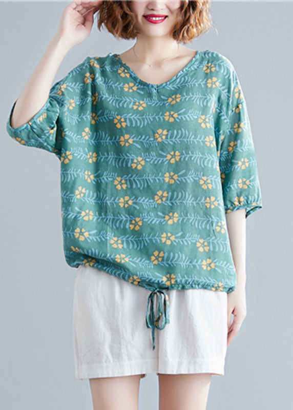 Green V Neck Print Cotton Tanks Short Sleeve