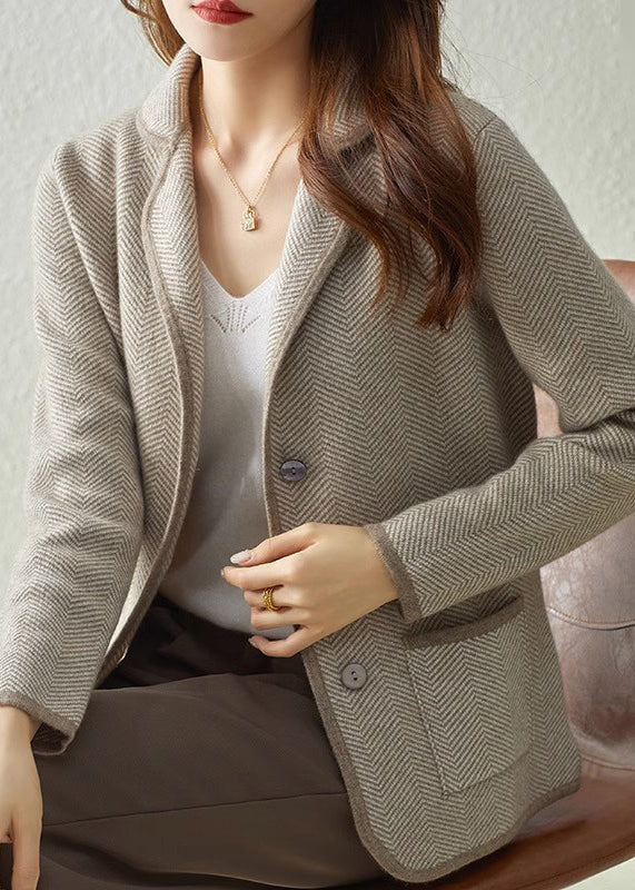 Diy Camel Notched Striped Patchwork Button Knit Coats Fall