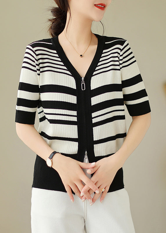 Black White Striped Zippered Knit Cardigan Spring