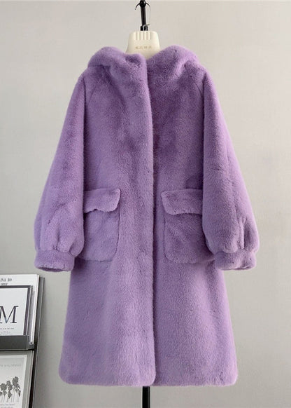 Pink Hooded Pockets Mink Cashmere Coats Winter
