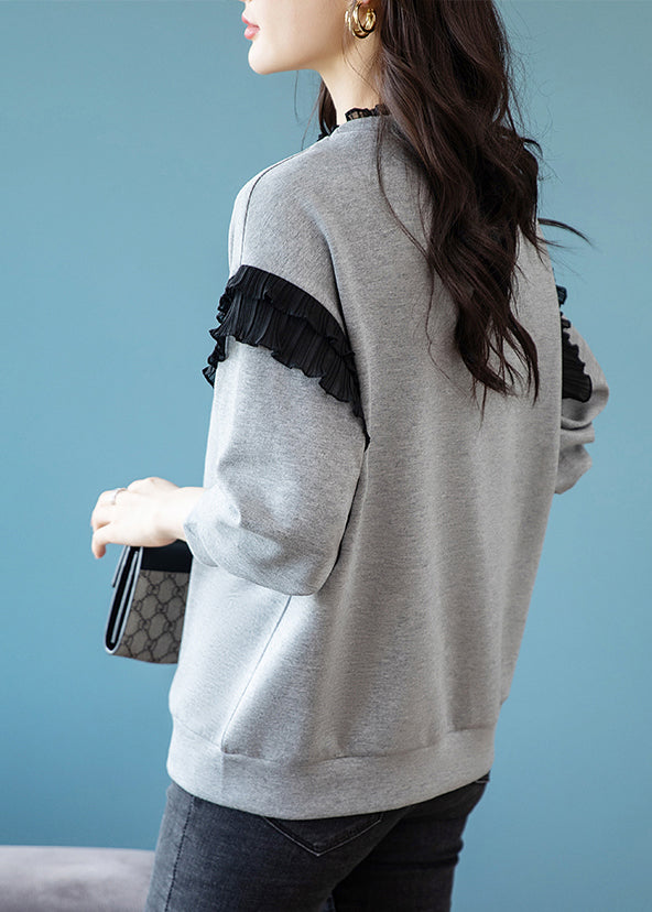 Grey O-neck Ruffled Graphic Patchwork Zircon Sweatshirts Fall