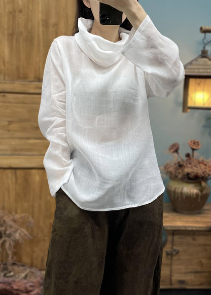 White Cozy Cotton T Shirts Turtleneck Long Sleeve
