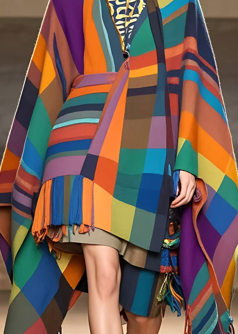 Fitted Rainbow V Neck Tassel Long Coats Fall