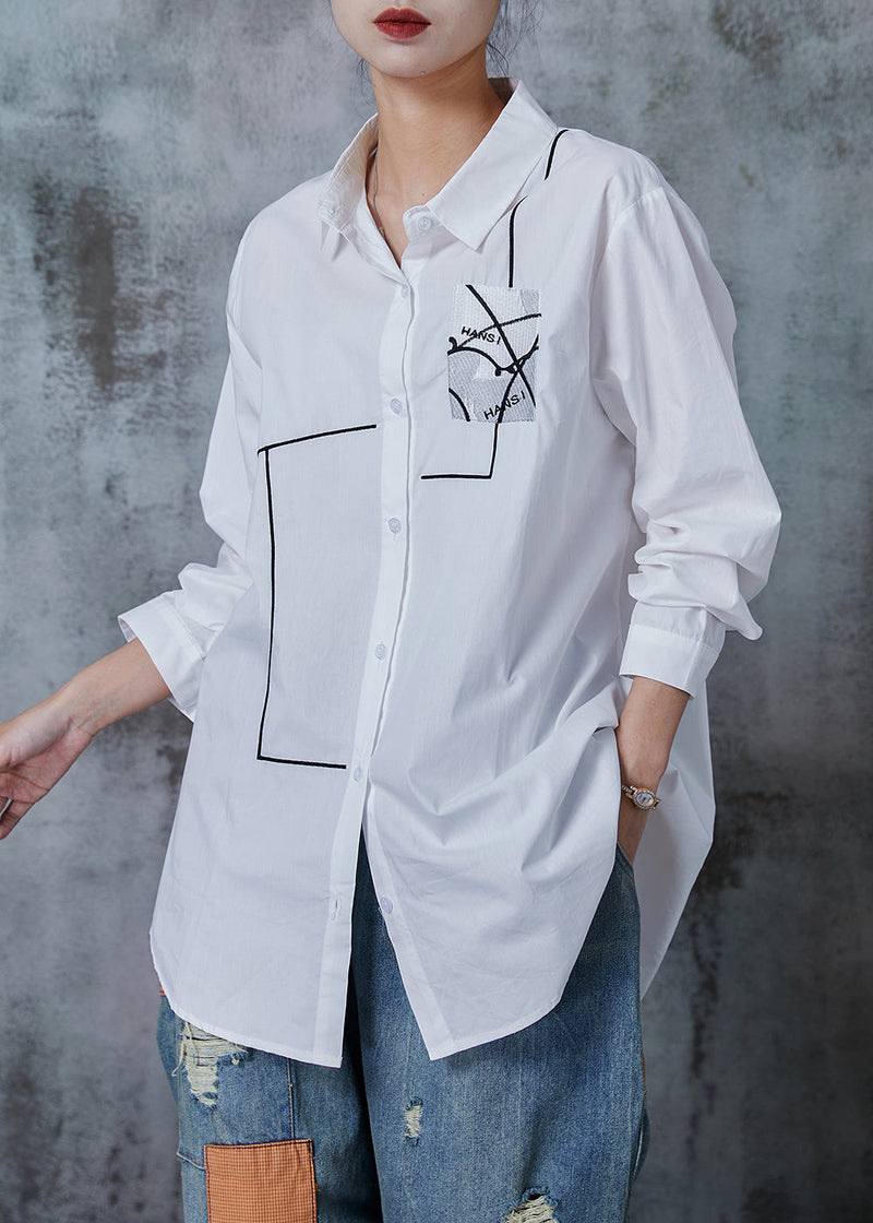White Oversized Print Cotton Shirt Tops Summer