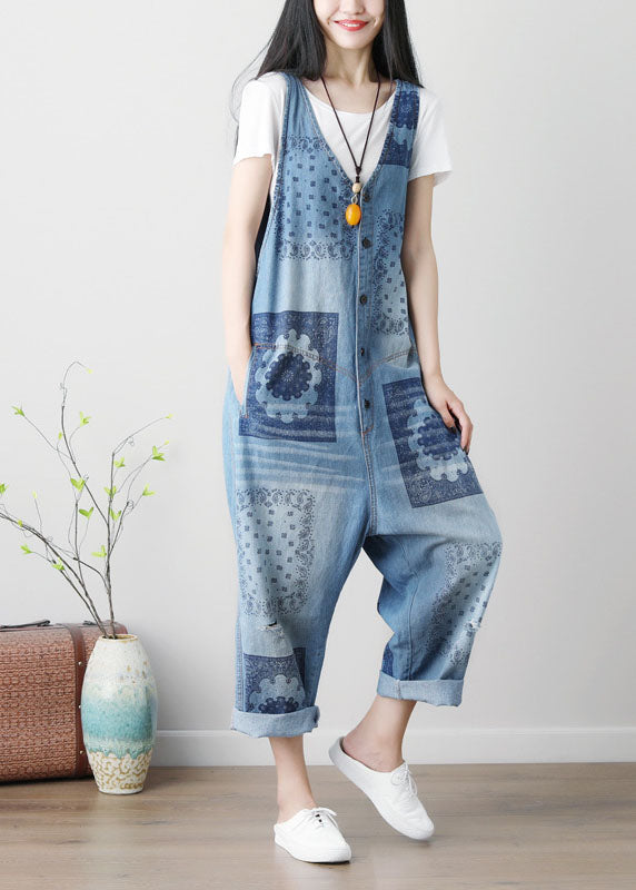 Loose Blue Hole V Neck Print Cotton Denim Jumpsuits Spring