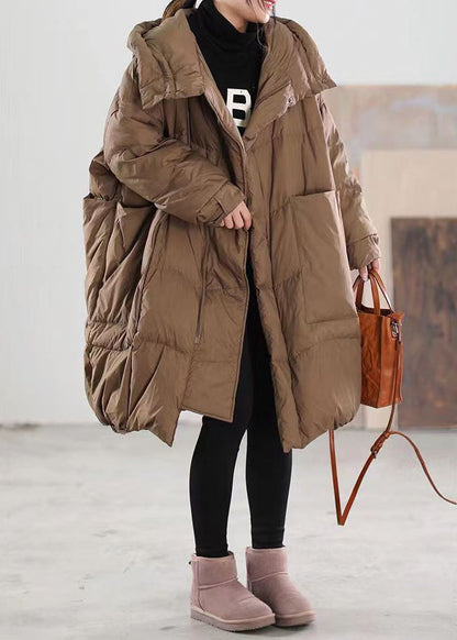 Coffee Hooded Zippered Pockets Duck Down Coat Long Sleeve