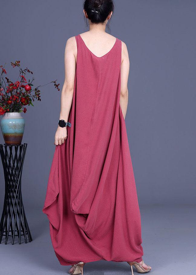 Red O-neck Asymmetrical Design Summer Silk Dresses Sleeveless
