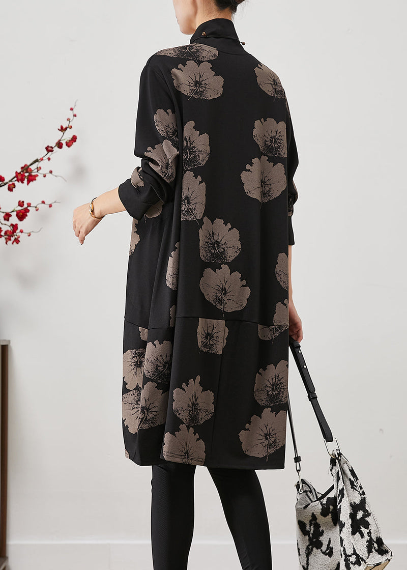 Black Turtle Neck Print Cotton Dresses Fall