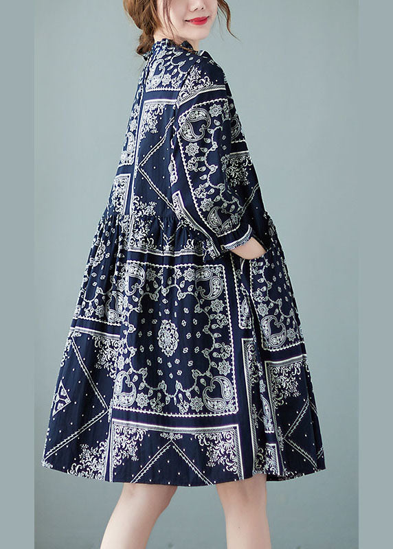 Navy O-neck Patchwork Print Fall Dress Half Sleeve