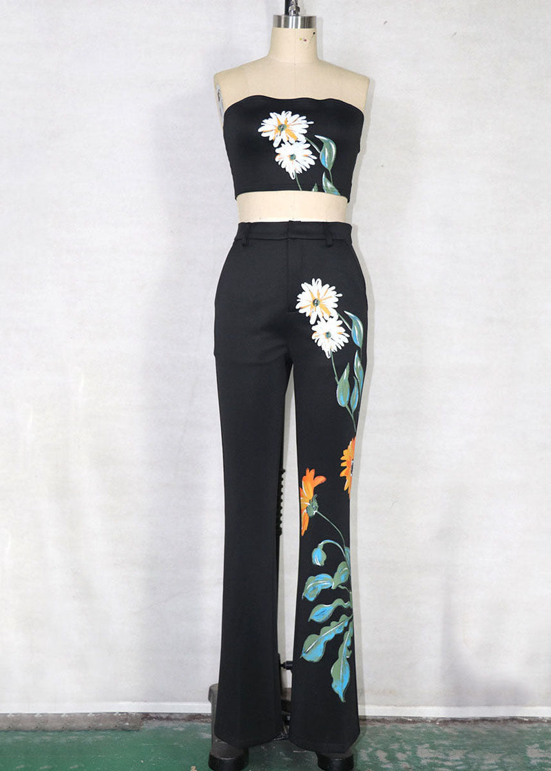 French Black Print Chiffon Cinch Trench Coats and Pants Three Piece Set Spring