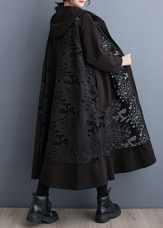 Black Oversized Patchwork Hollow Out Cotton Coat Spring