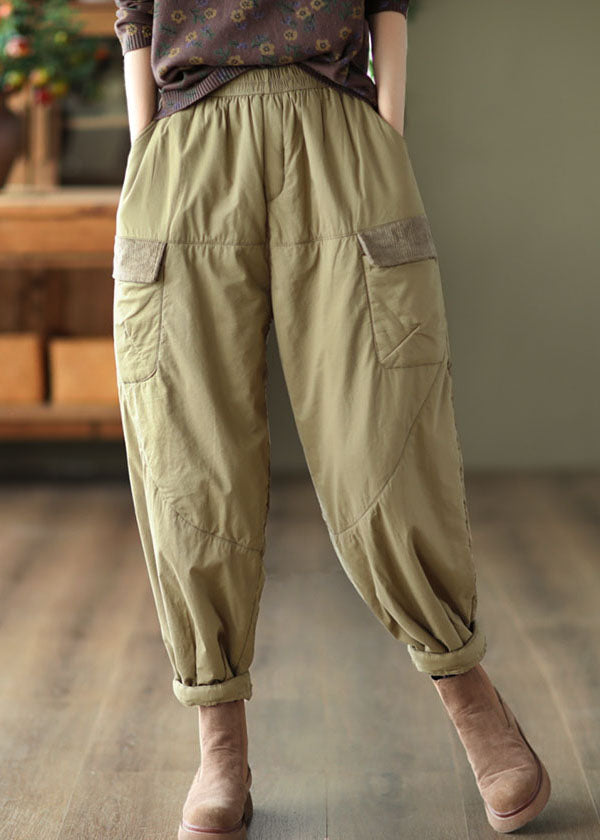 Light Green Pockets Patchwork Fleece Harem Pants