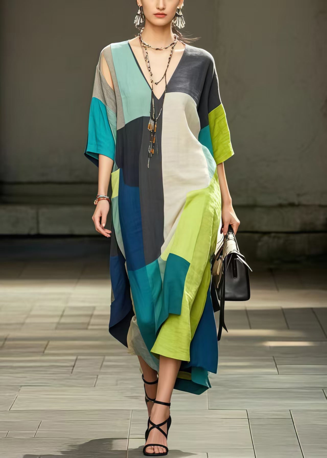 Oversized Patchwork Applique Cotton Holiday Dress Summer