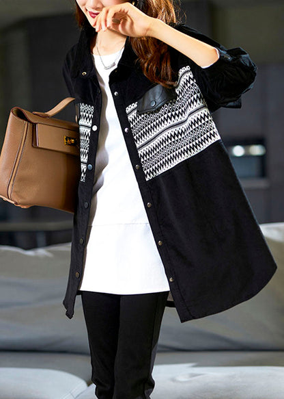 Classy Black Peter Pan Collar Print Button Corduroy Shirt Long Sleeve
