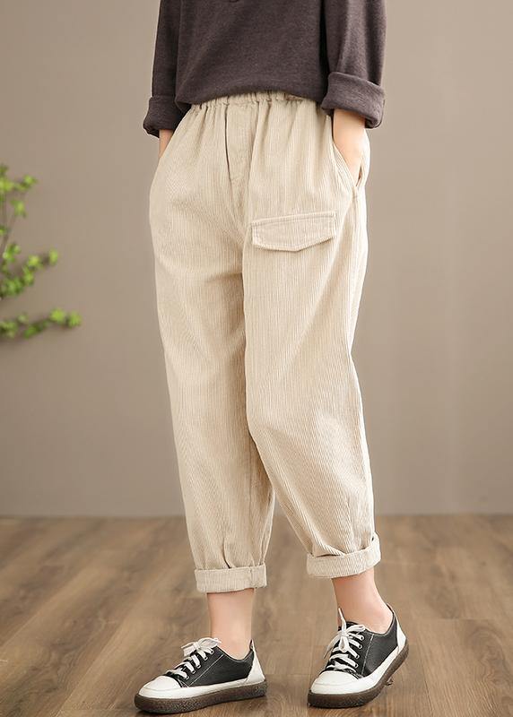 French Spring Trousers Beige Inspiration Elastic Waist Pockets Pant