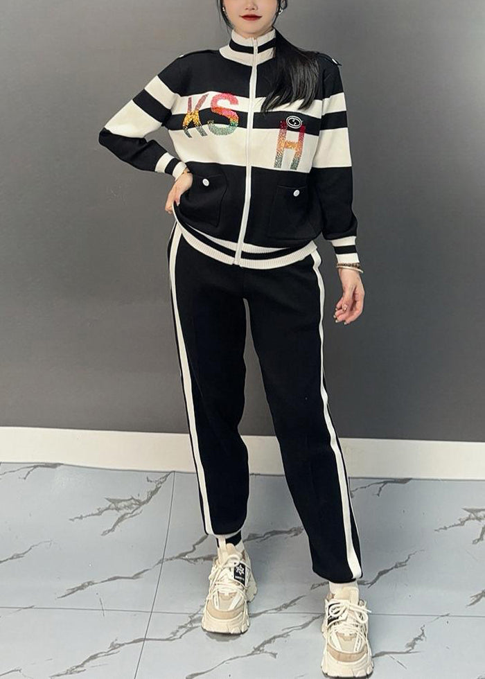 Vogue Black Turtleneck Patchwork Coats and Beam Pants Two Pieces Set Spring