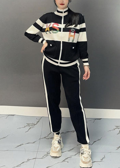 Vogue Black Turtleneck Patchwork Coats and Beam Pants Two Pieces Set Spring